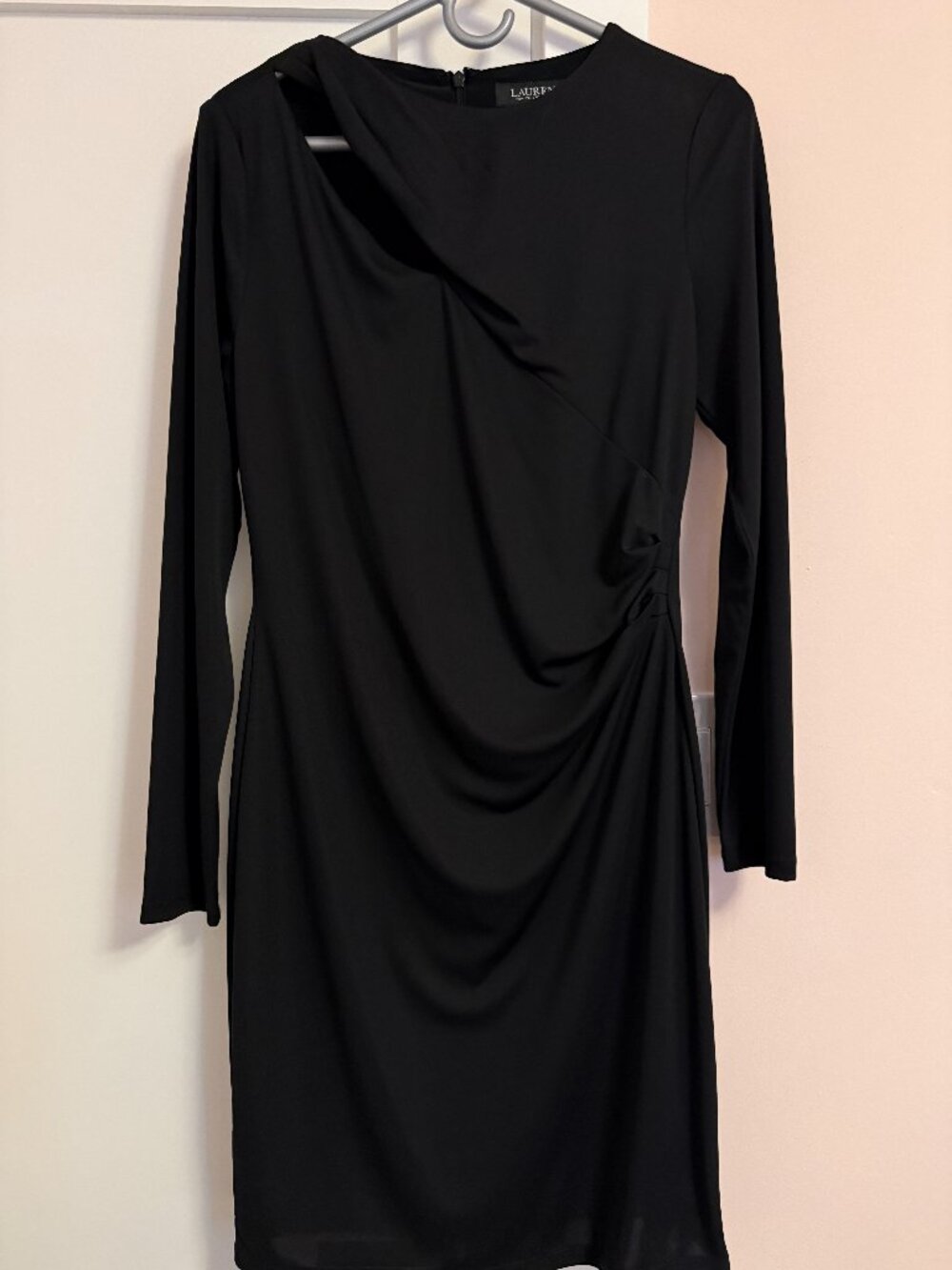 Ralph Lauren Crew Neck Dress Asymmetric Cutout Gathered Detail on Waist Black 10